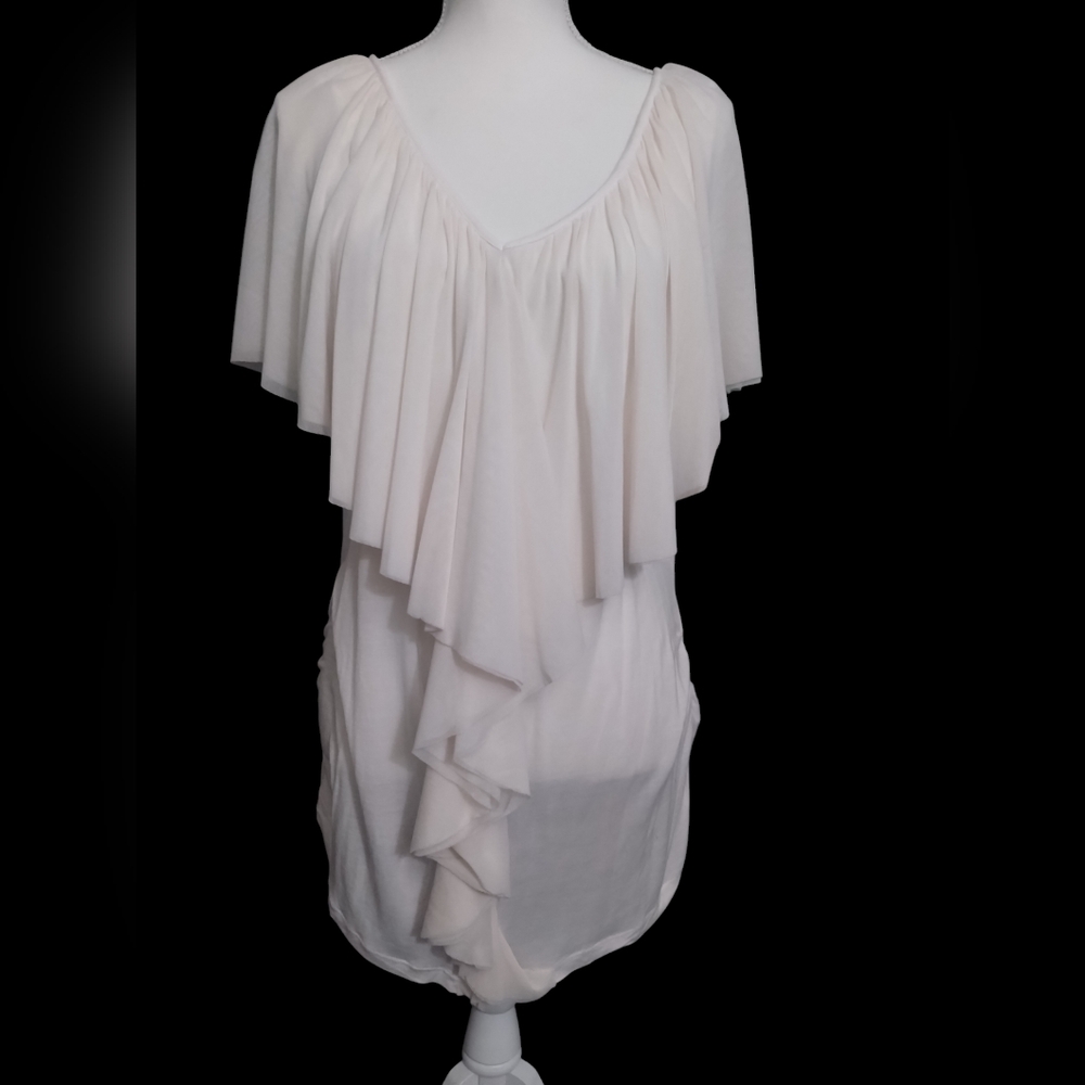 Seven7 Luxe- Long Length Short Sleeve Ruffle Breast Blouse Cream/White (14-16)